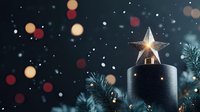 Black candle with glowing star topper against dark background with bokeh lights and pine branches, creating magical holiday atmosphere for winter celebrations.