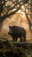 Wild boar standing on fallen log in misty forest with golden sunlight filtering through ancient oak trees creating atmospheric woodland scene.