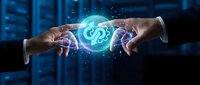 Hands exchanging glowing dollar symbol with digital particles and server room background, representing financial technology, money transfer, digital payment, and business transaction concepts.
