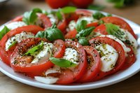 Fresh caprese salad with sliced tomatoes, mozzarella, basil leaves and black pepper on white plate. Traditional Italian appetizer served on wooden table.