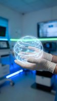 Scientist in gloves holding glowing holographic sphere with digital network connections in modern laboratory with computer monitors and blue lighting.