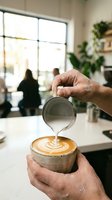 Barista pouring steamed milk into a latte art cup at a modern cafe, creating a leaf rosette pattern with frothy milk in a ceramic mug.