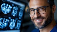 Middle-aged male dentist with beard and glasses examining dental x-rays on screen, showing confident professional smile while working in modern clinic office.