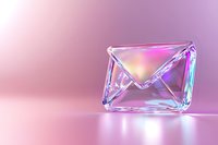 Crystal clear envelope symbol glowing with iridescent light on pink background, modern communication concept with holographic reflections and soft illumination.