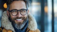 Mature bearded man with glasses and winter parka smiling warmly at camera. Natural gray hair and authentic expression conveys confidence and approachability. Professional portrait.