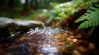 Water droplet creating concentric ripples in forest puddle with green fern leaves overhead, natural sunlight filtering through foliage creates magical woodland atmosphere.