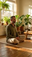 Middle-aged Caucasian man meditating in sunlit room surrounded by houseplants. Peaceful morning wellness routine with natural light streaming through window.
