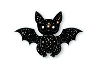 Cute black bat with starry pattern and sparkles on wings and body, isolated on white background. Mystical Halloween character design for decorative projects.