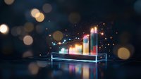 Glowing financial chart hologram with colorful bar graphs floating above digital platform, illuminated by neon lights against dark background with bokeh effect.