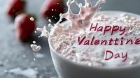 Pink strawberry milkshake splash creating heart shapes with Happy Valentine's Day text, romantic beverage photography against dark background with fresh berries.