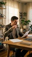 Young professional man drinking coffee while reviewing documents at home office desk with plants and natural lighting for remote work productivity.