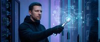 Caucasian male IT specialist interacting with holographic interface in modern data center server room with blue purple lighting for technology concepts.
