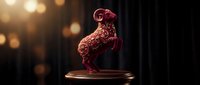 Ornate red rooster figurine with intricate floral patterns displayed on wooden pedestal against warm bokeh background for luxury home decor and collectibles.
