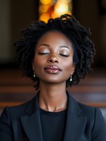 Young African American businesswoman with natural curly hair and closed eyes expressing serenity, wearing black blazer against warm bokeh background.