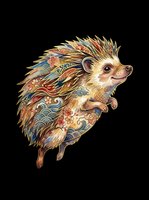 Ornate hedgehog with intricate patterned quills in gold, blue, and red tones, isolated on transparent background. Ready for t-shirts, stickers, clipart, and print-on-demand designs.