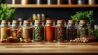 Glass jars filled with colorful spices, herbs and seasonings arranged on wooden kitchen counter with fresh ingredients and warm lighting for cooking and food styling.