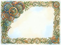 Ornate steampunk border frame with interlocking gears, flourishing botanical elements, and decorative scrollwork in warm metallic tones, ideal for certificates and invitations.