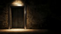 Wooden door in stone wall with warm overhead lighting, creating dramatic shadows and mysterious atmosphere for architectural and interior design projects.