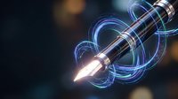 Futuristic digital pen with glowing neon light trails and energy rings on dark background for creative design projects and technology concepts.