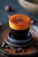 Aerated chocolate coffee dessert with honeycomb texture in black cup on wooden surface with coffee beans for gourmet culinary presentations.
