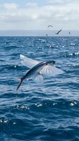Flying fish leaping above blue ocean waves with seabirds in background under cloudy sky showcasing marine wildlife freedom and natural ocean ecosystem dynamics.