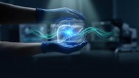 Hands in medical gloves protecting glowing digital eye with flowing energy streams representing vision care, ophthalmology and futuristic healthcare technology.
