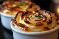 Golden baked potato gratin with creamy layers and fresh herbs in white ramekins, comfort food side dish for family dinners and holiday meals.