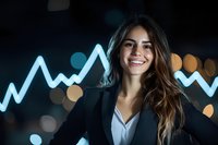 Young Hispanic businesswoman smiling with glowing financial chart graph in background, dark office setting with bokeh lights, wearing black blazer and white shirt.