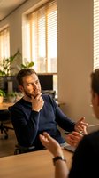 Thoughtful young Caucasian businessman in navy sweater having discussion during office meeting with warm natural lighting from window blinds.