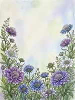Watercolor floral border with purple and blue wildflowers, green leaves, soft pastel background, copy space for greeting cards and invitations.
