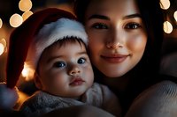 Asian mother and baby wearing Santa hat share tender moment with Christmas lights bokeh background creating warm holiday atmosphere and magical glow.