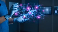 Medical professional in blue gloves holding digital network with glowing connections representing healthcare technology and data innovation.