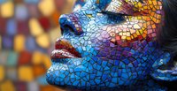 Creative mosaic face art with vibrant blue and gold pattern makeup, side profile view showing detailed texture and dramatic color composition against blurred background.