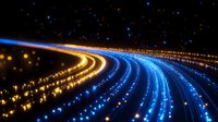 Curved light trails in blue and gold colors against dark background create dynamic motion effect. Long exposure photography shows glowing streaks at night.