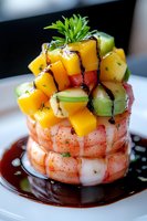 Stacked shrimp appetizer topped with fresh mango and avocado cubes, drizzled with balsamic reduction and garnished with herbs on white plate.