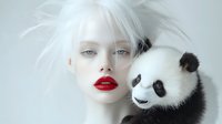 Young woman with white hair and red lips posing with panda bear against light background in creative fashion portrait showing contrast and harmony.