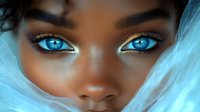 Young African American woman with striking bright blue eyes and flawless dark skin, surrounded by ethereal white fabric creating dreamy atmosphere. Artistic beauty portrait.