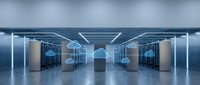 Modern data center server room with futuristic holographic cloud computing interface displaying network connectivity and digital infrastructure technology.