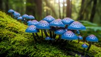 Blue spotted mushrooms growing on moss-covered log in sunlit forest with natural bokeh background for nature and botanical designs.