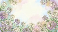 Watercolor floral frame with delicate purple and white flowers on soft pastel background. Spring botanical border for wedding invitations and greeting cards.