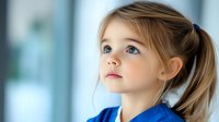 Young girl with blonde ponytail and blue eyes gazing upward with hopeful expression against soft blurred background, wearing bright blue top, natural lighting highlights facial features.