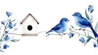 Watercolor composition with blue birds perched near white birdhouse, decorated with delicate blue flowers and leaves, creating gentle spring atmosphere.