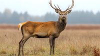 Majestic red deer stag with impressive antlers standing alert in autumn meadow grassland, side view portrait against blurred natural background in warm colors.