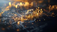 Glowing electronic circuit board with golden light effects creating futuristic cityscape illusion. Macro photography reveals intricate technology patterns and connections.