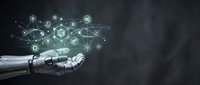 Robotic hand presenting glowing digital network with connected icons representing artificial intelligence, automation and future technology concepts.