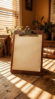 Vintage wooden clipboard with blank paper on rustic table in warm sunlit room with window blinds shadows for office and business concepts.