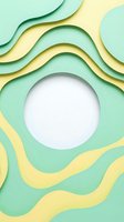 Abstract layered paper cut design with mint green and pale yellow wavy shapes surrounding a white circular frame, ideal for backgrounds, web design, and promotional materials.