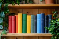 Row of colorful hardcover books arranged in rainbow order on wooden shelf with green plant leaves framing composition, creating cozy home library atmosphere.