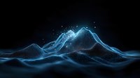 Glowing blue digital landscape with mountain peaks formed by particle dots and lines on black background, creating futuristic terrain visualization.