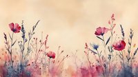 Vintage wildflower meadow with pink poppies and purple lavender stems against soft pastel sky background for romantic spring and summer designs.